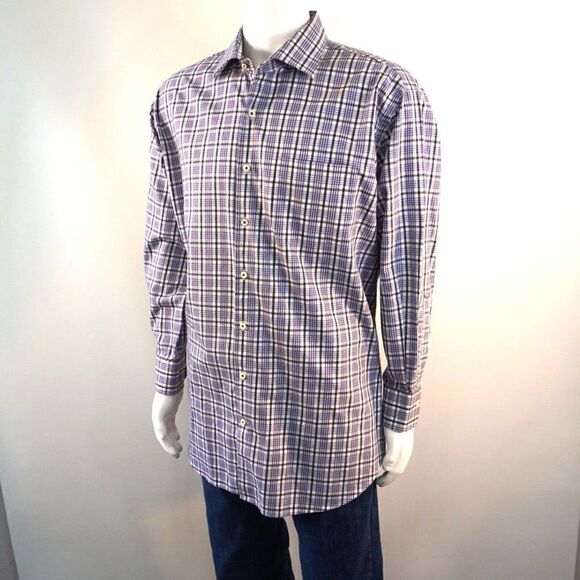 Peter Millar Shirt Mens XL Long Sleeve Button Purple Stipe Check Cotton Casual - Picture 3 of 10